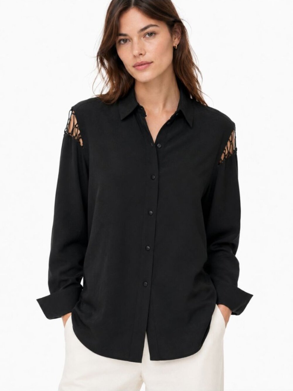 Rag & Bone Women's Hana Blouse 100% Silk Shoulder Cut-Outs Black Modern Size XS